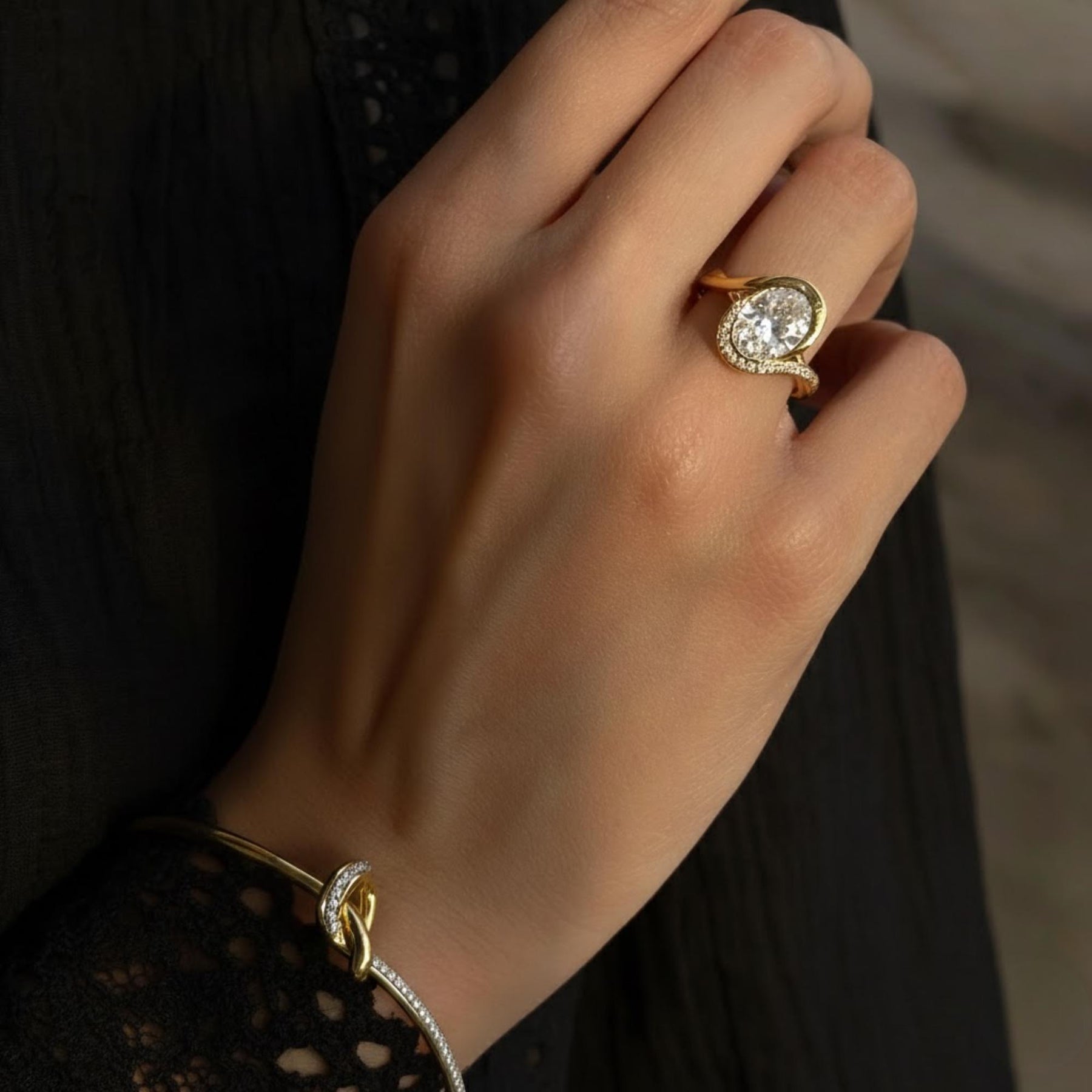 2.00 CT Oval Lab Grown Diamond Engagement Ring: 14k Yellow Gold Bypass Diamond Ring