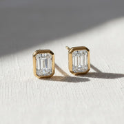 Dazzling 1 TCW Emerald Cut Diamond Stud Earrings, Bezel Set Solitaire Diamond Earrings, 14K Yellow Gold Screw Back Earrings, Birthday Gift
