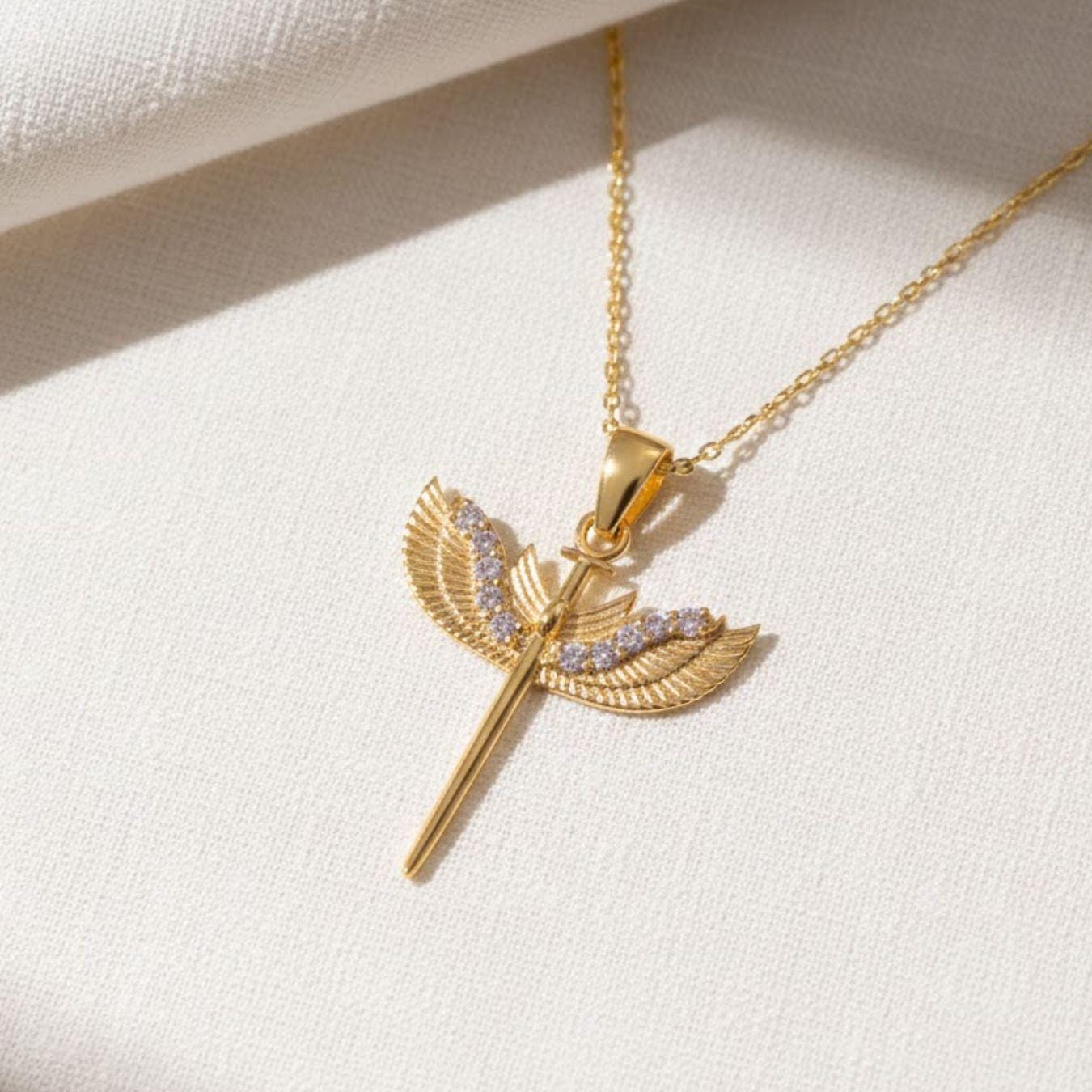 14K Solid Gold Diamond St. Michael Necklace, Archangel Pendant, Guardian Angel
