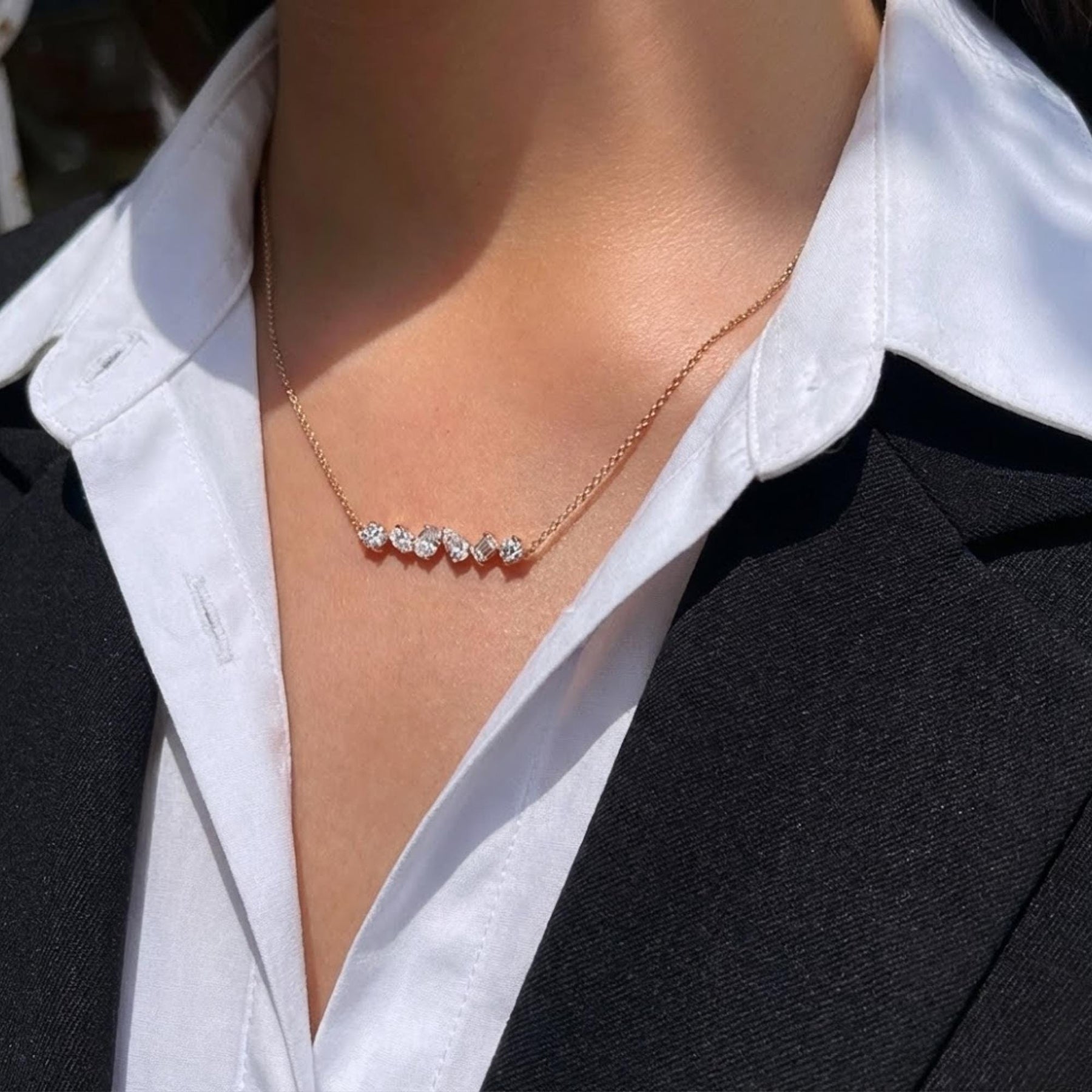 14k Gold Diamond Cluster Necklace, Layering Multi Shape Necklace