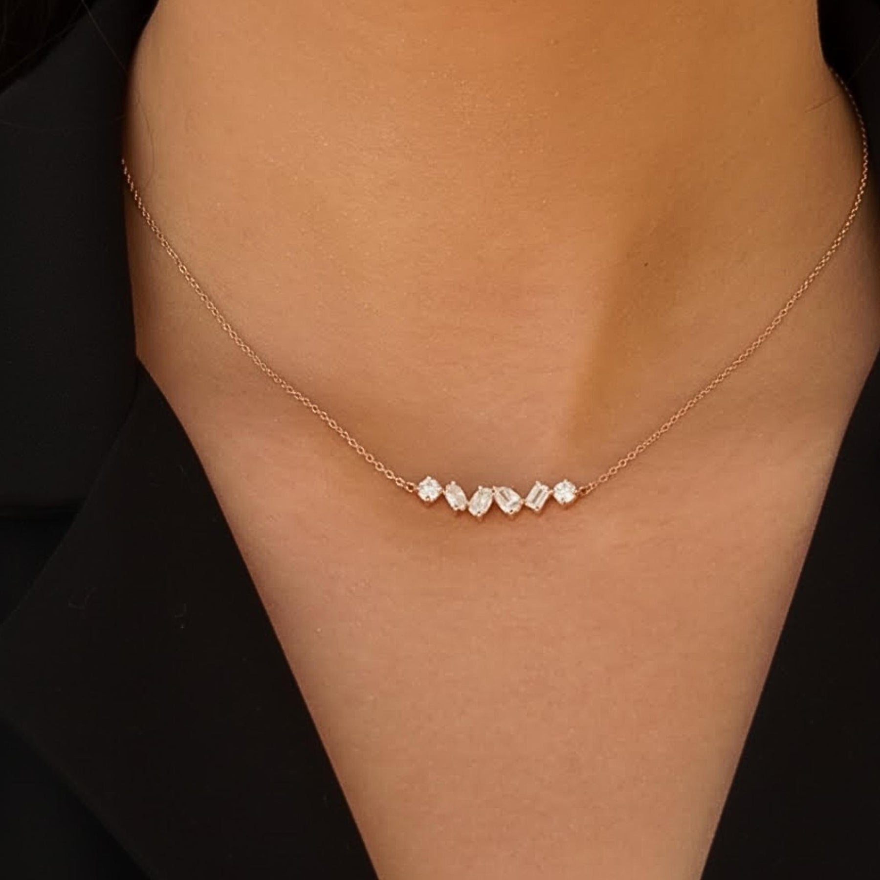 14k Gold Diamond Cluster Necklace, Layering Multi Shape Necklace