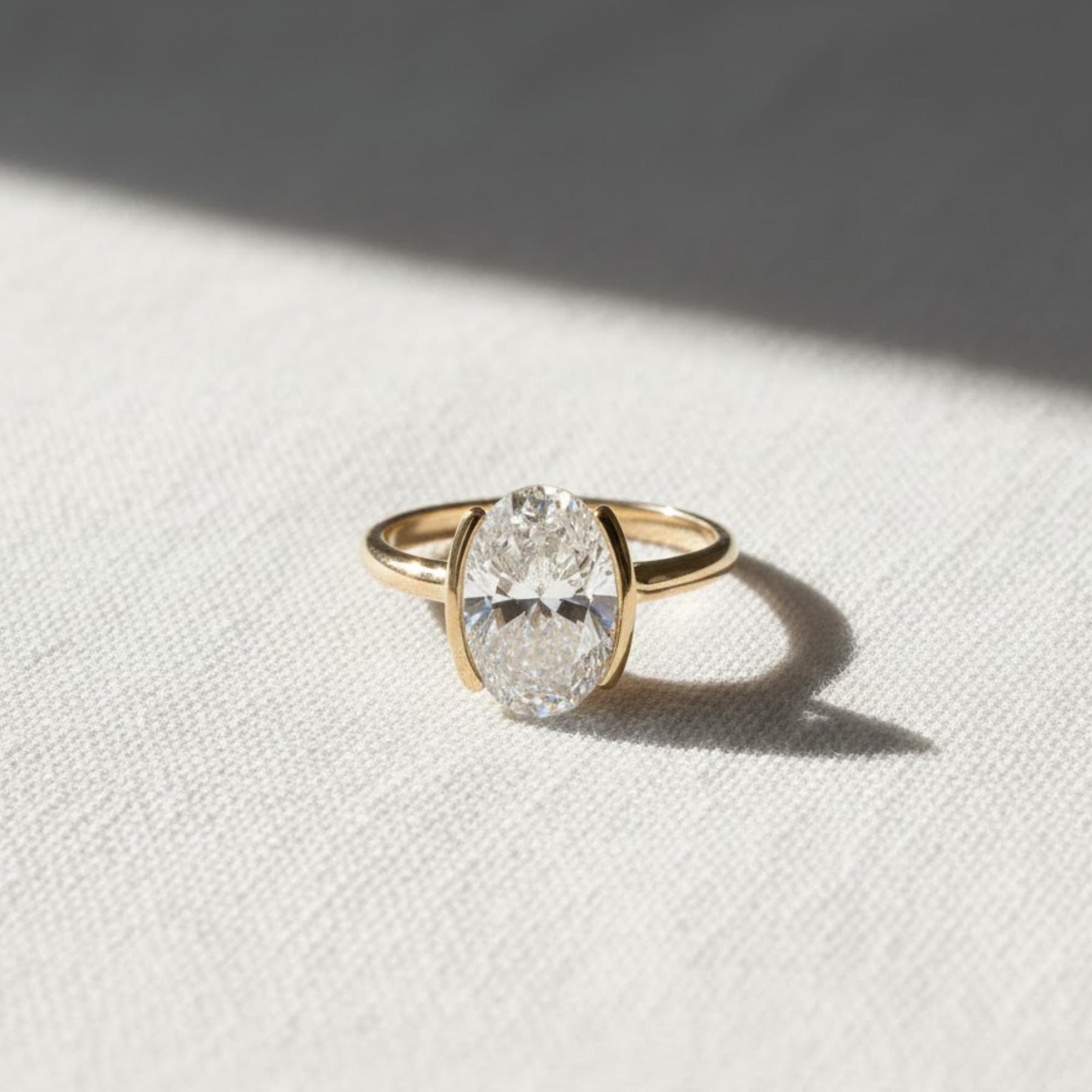 2 Carat Oval Lab Grown Diamond Ring / Half Bezel Set Engagement Ring / Unique Oval Ring / Oval Solitaire Ring / Cathedral Diamond Ring