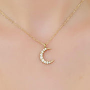 14k Diamond Crescent Necklace, Small Diamond Moon Necklace, White, Yellow, Rose, Solid Gold Celestial Necklace, Perfect Gift