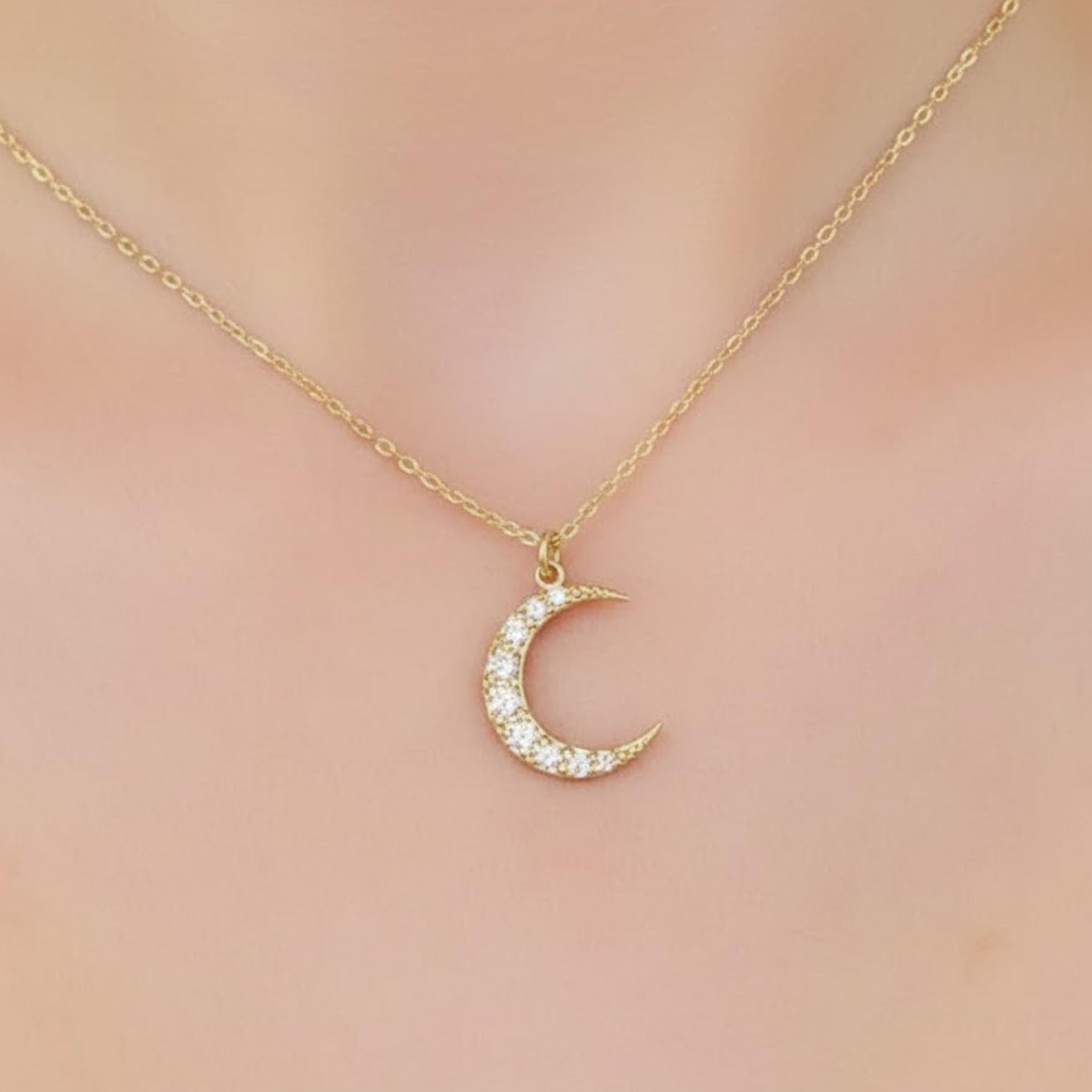 14k Diamond Crescent Necklace, Small Diamond Moon Necklace, White, Yellow, Rose, Solid Gold Celestial Necklace, Perfect Gift