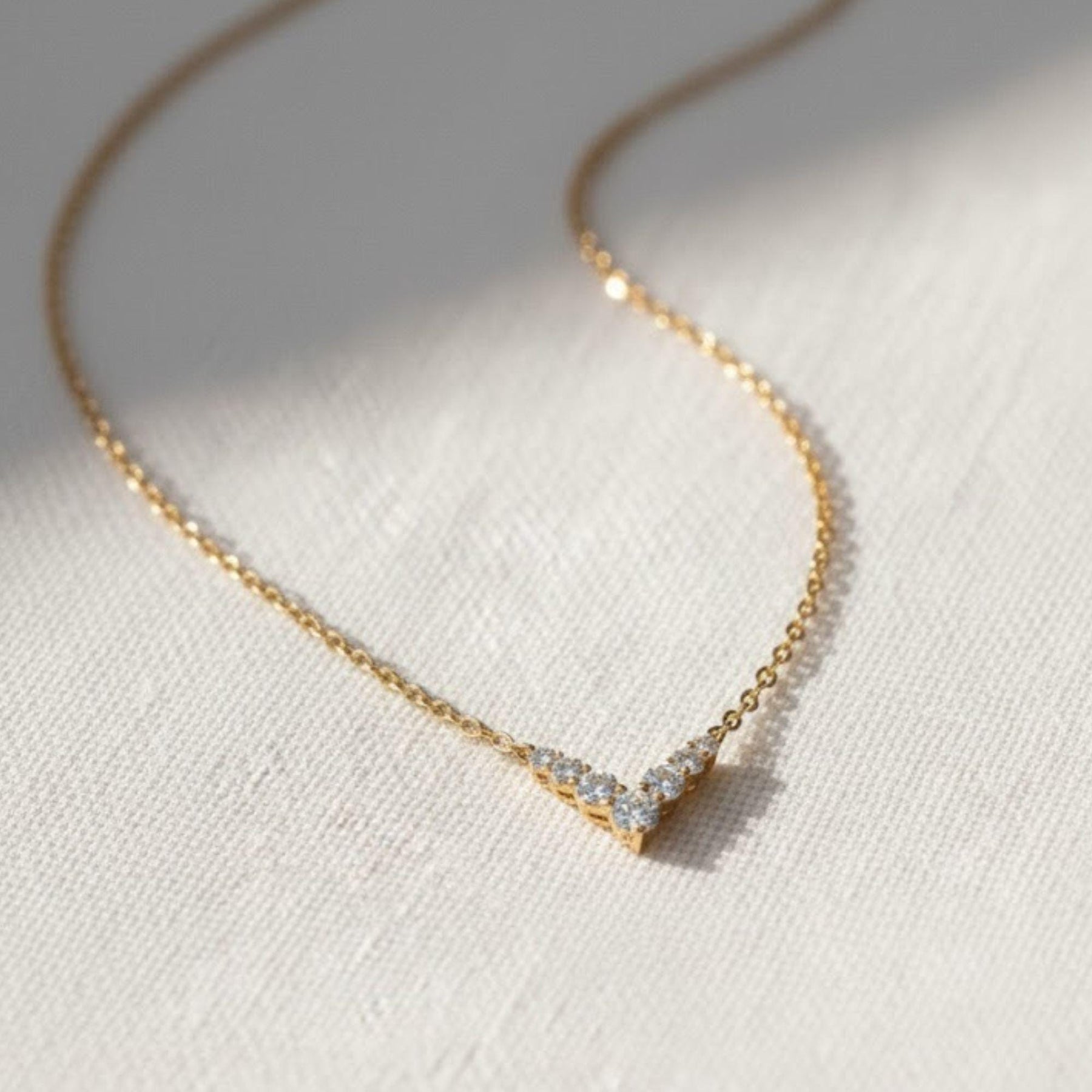 14K Solid Gold Classic V Shape Diamond Necklace, Dainty Diamond Necklace Round Sparkling Gemstone Necklace, Handmade Jewelry, Gift For Her