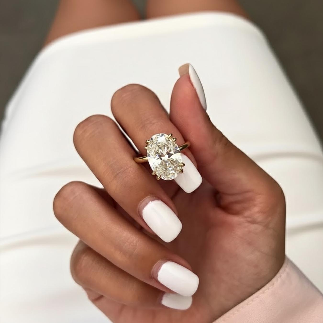 5 Carat Oval Lab Grown Diamond Solitaire Ring / Huge CVD Diamond / Double Claw Prong Engagement Ring in Yellow Gold IGI Certified.