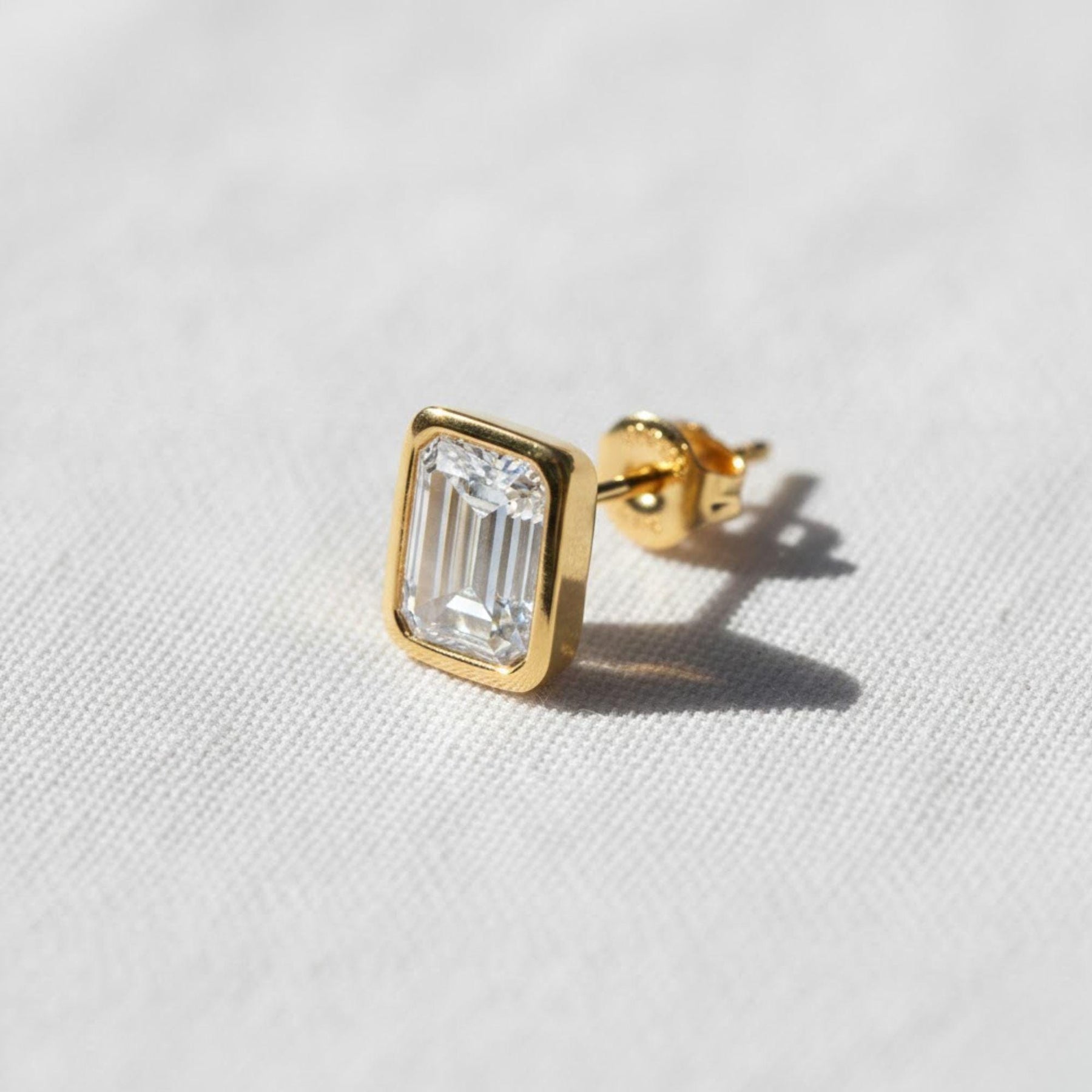 Dazzling 1 TCW Emerald Cut Diamond Stud Earrings, Bezel Set Solitaire Diamond Earrings, 14K Yellow Gold Screw Back Earrings, Birthday Gift
