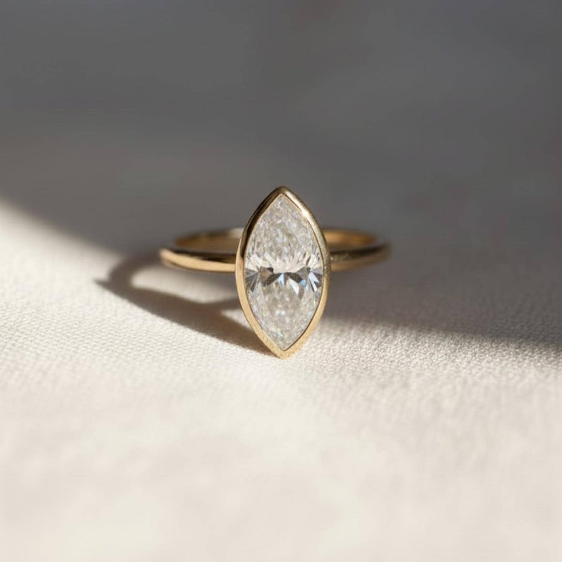 2 Carat Marquise Cut Lab Grown Diamond Bezel Set Art Deco Engagement Ring: 14K Solid Yellow Gold, Bezel Ring.