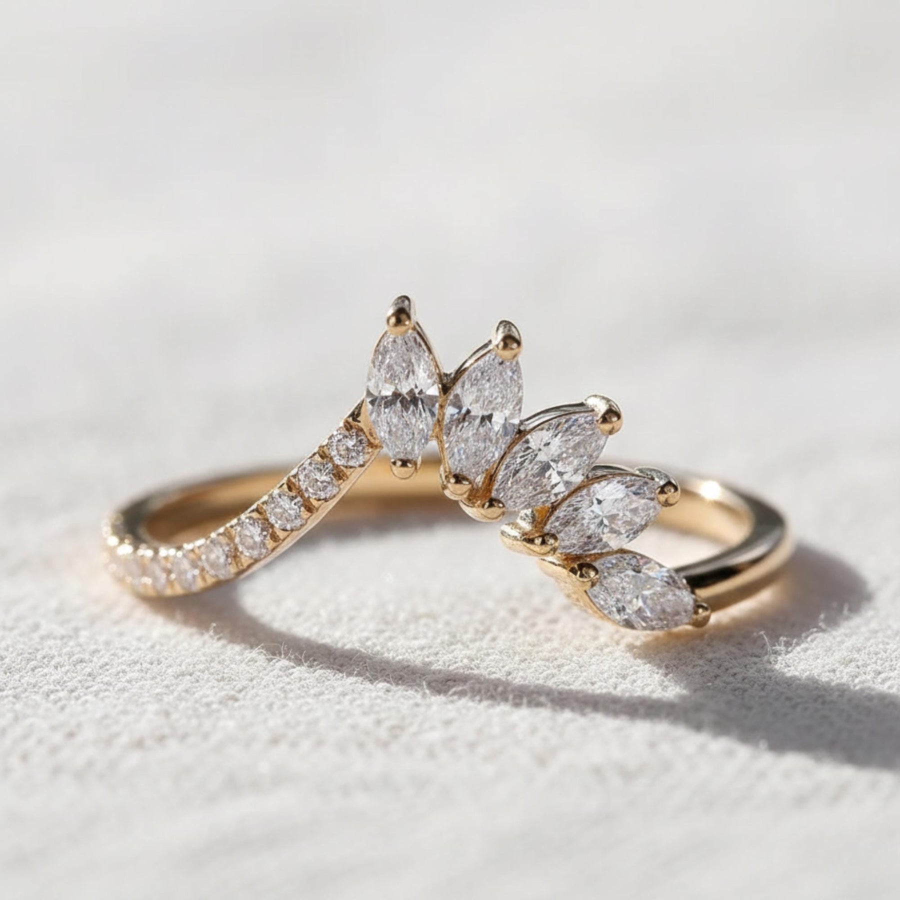 Lab Grown Diamond Tiara Wedding Band: Marquise & Round Cut Chevron Ring