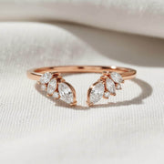 14k Gold Open Wedding Band, Solid Gold Gap Wedding Ring, Womens Cuff Stacking Ring, Lab Created Diamond Ring, Marquise Stackable Ring