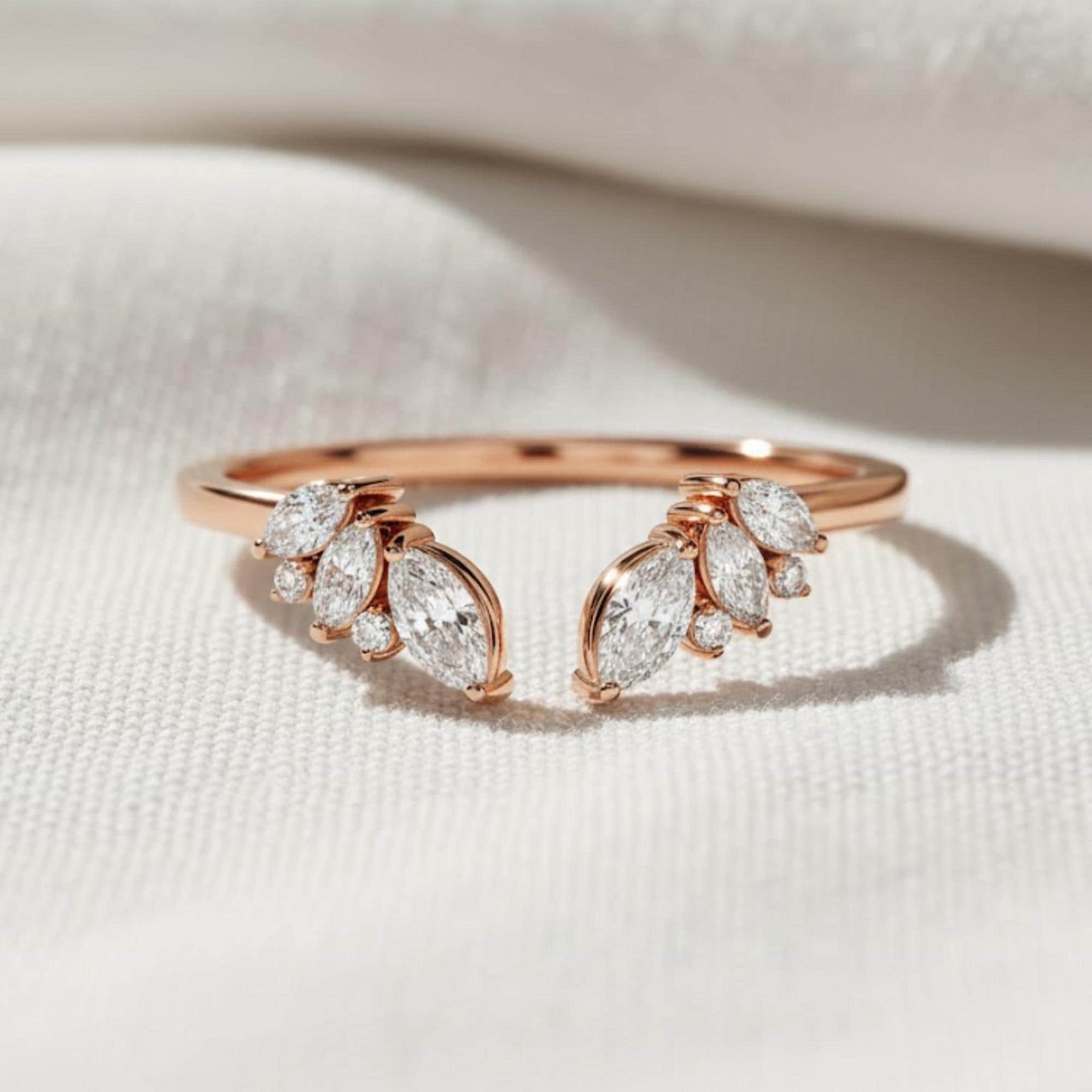 14k Gold Open Wedding Band, Solid Gold Gap Wedding Ring, Womens Cuff Stacking Ring, Lab Created Diamond Ring, Marquise Stackable Ring