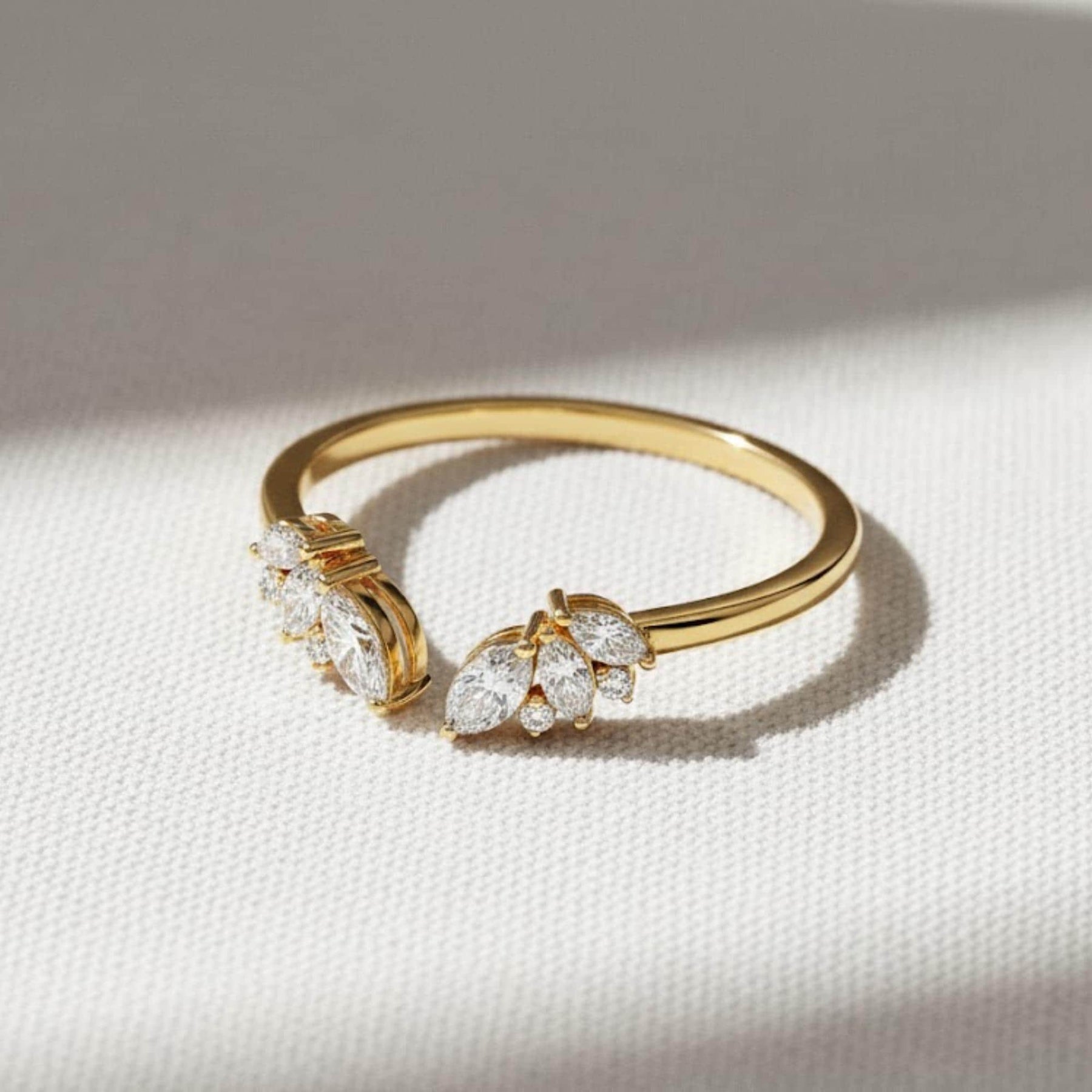 14k Gold Open Wedding Band, Solid Gold Gap Wedding Ring, Womens Cuff Stacking Ring, Lab Created Diamond Ring, Marquise Stackable Ring