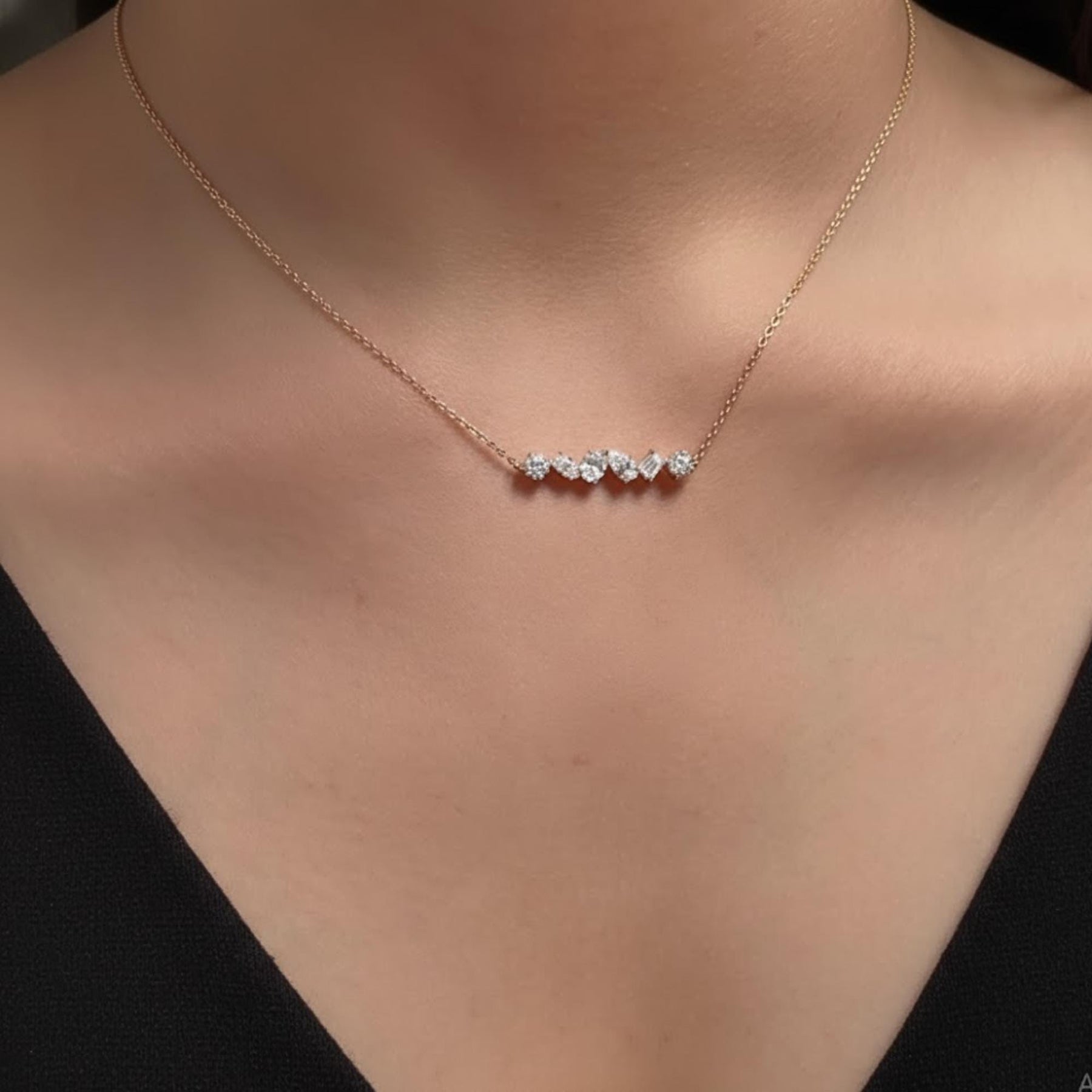 14k Gold Diamond Cluster Necklace, Layering Multi Shape Necklace