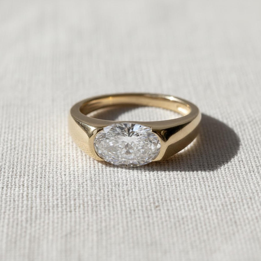 1.5ct Oval Lab Diamond East West Ring | Yellow Gold Bezel Signet Engagement | Chunky Solitaire Bold Wedding Band | IGI Certified