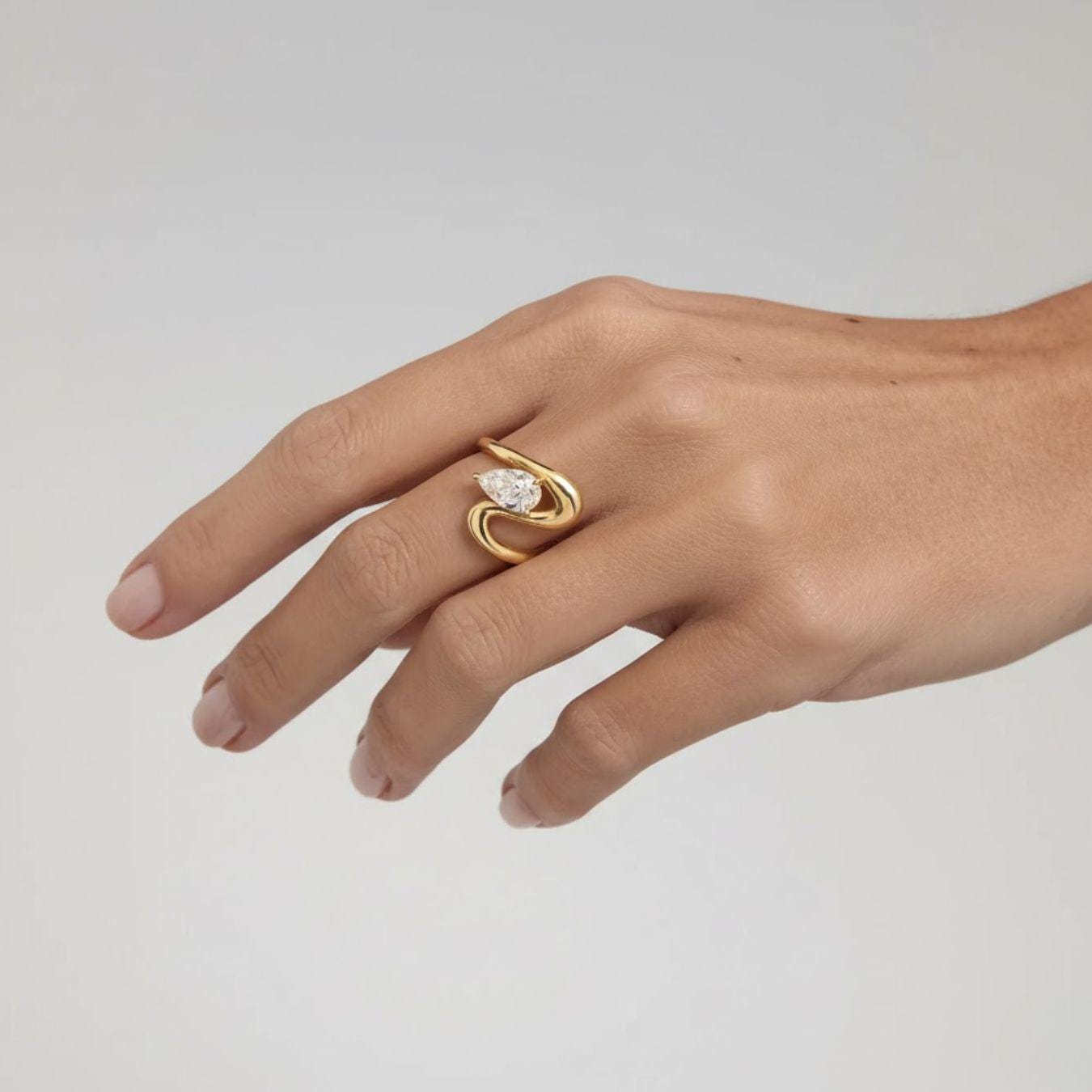 2 CT Pear Cut Diamond Ring | Curved Wave Gold Band Solitaire | 14K Solid Gold Modern Statement Engagement Ring | Unique Bold Ring for Her