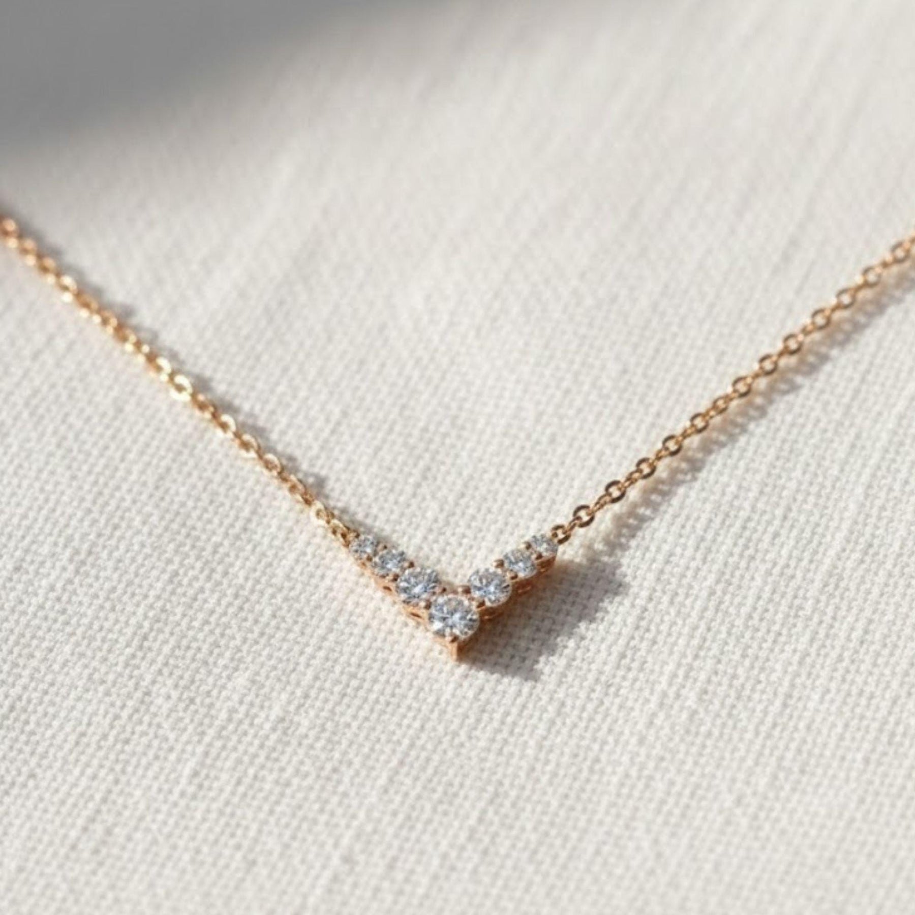 14K Solid Gold Classic V Shape Diamond Necklace, Dainty Diamond Necklace Round Sparkling Gemstone Necklace, Handmade Jewelry, Gift For Her