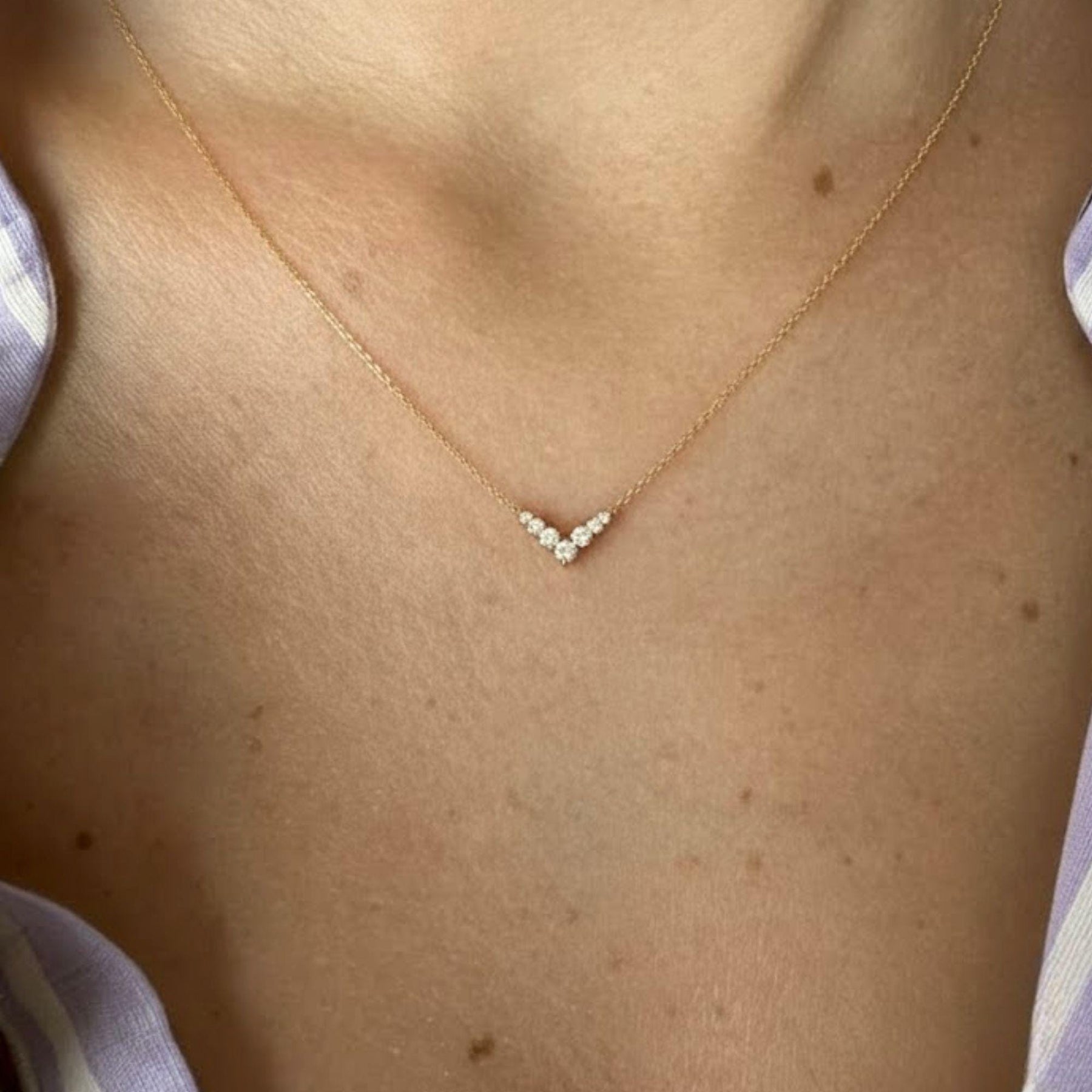 14K Solid Gold Classic V Shape Diamond Necklace, Dainty Diamond Necklace Round Sparkling Gemstone Necklace, Handmade Jewelry, Gift For Her