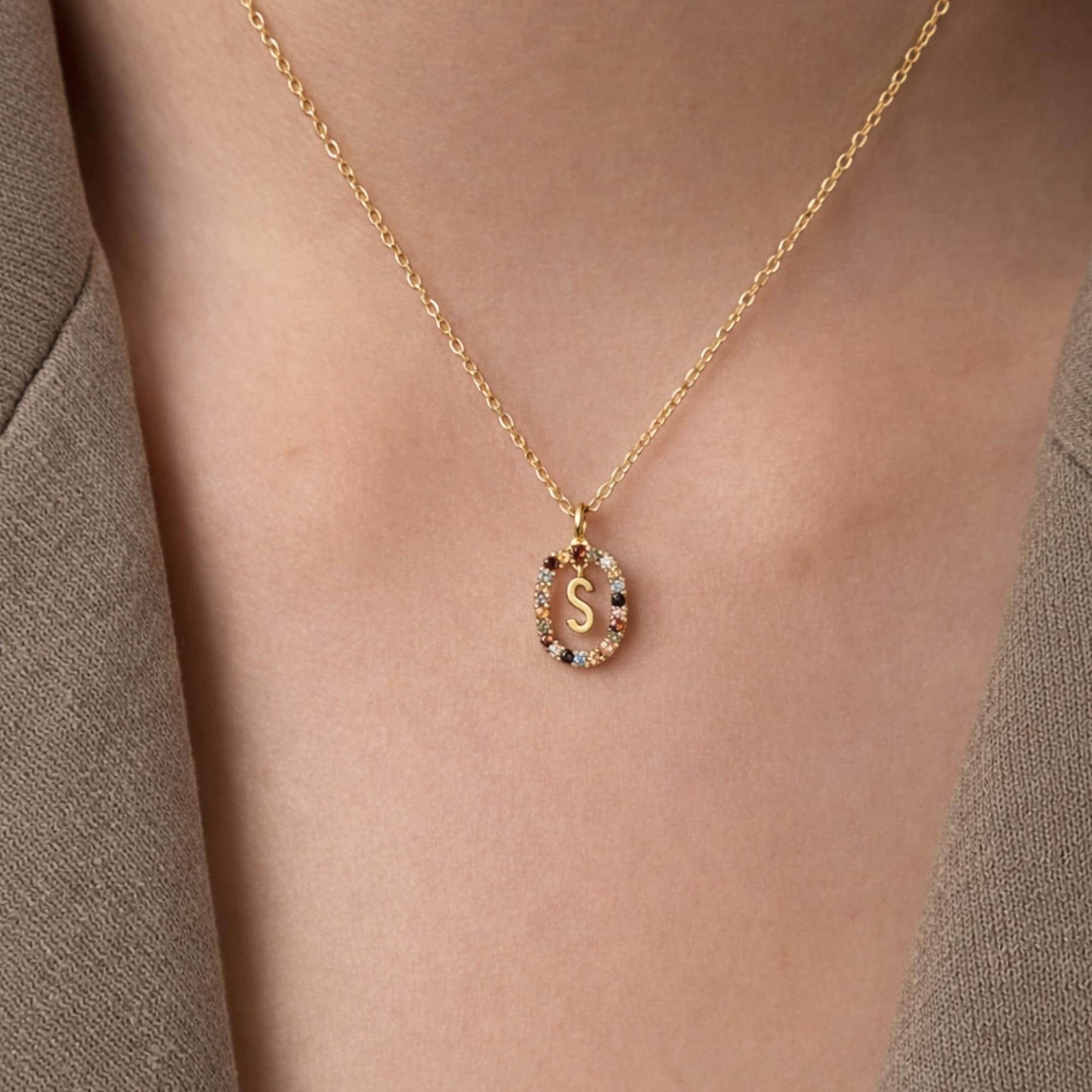 Custom Initial Necklace: Multicolor Gemstone Colorful Letter Diamond Pendant Personalized Jewelry