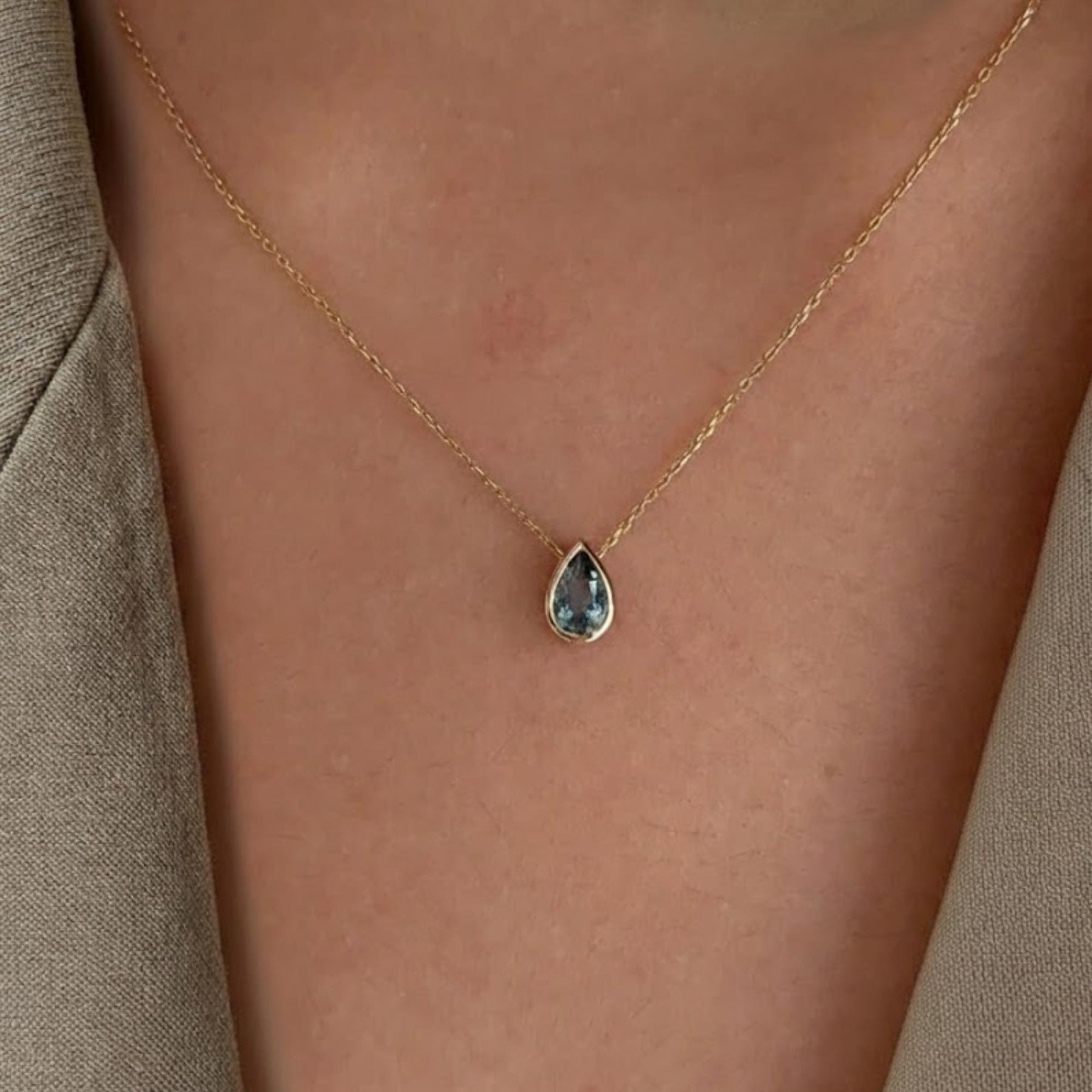 Pear Cut Blue Topaz Solitaire Necklace, 2.00 Carat Blue Diamond Wedding Necklace, Bezel Set Hand Made Diamond Bridal Necklace