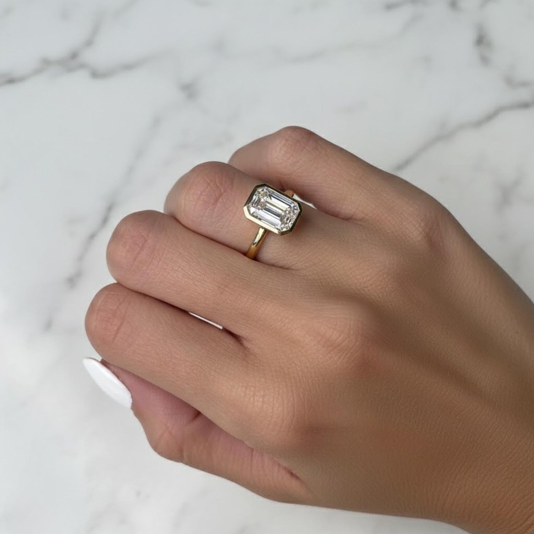 3 Carat Emerald Cut Lab Grown Diamond Engagement Ring | 14K Gold Bezel | IGI Certified