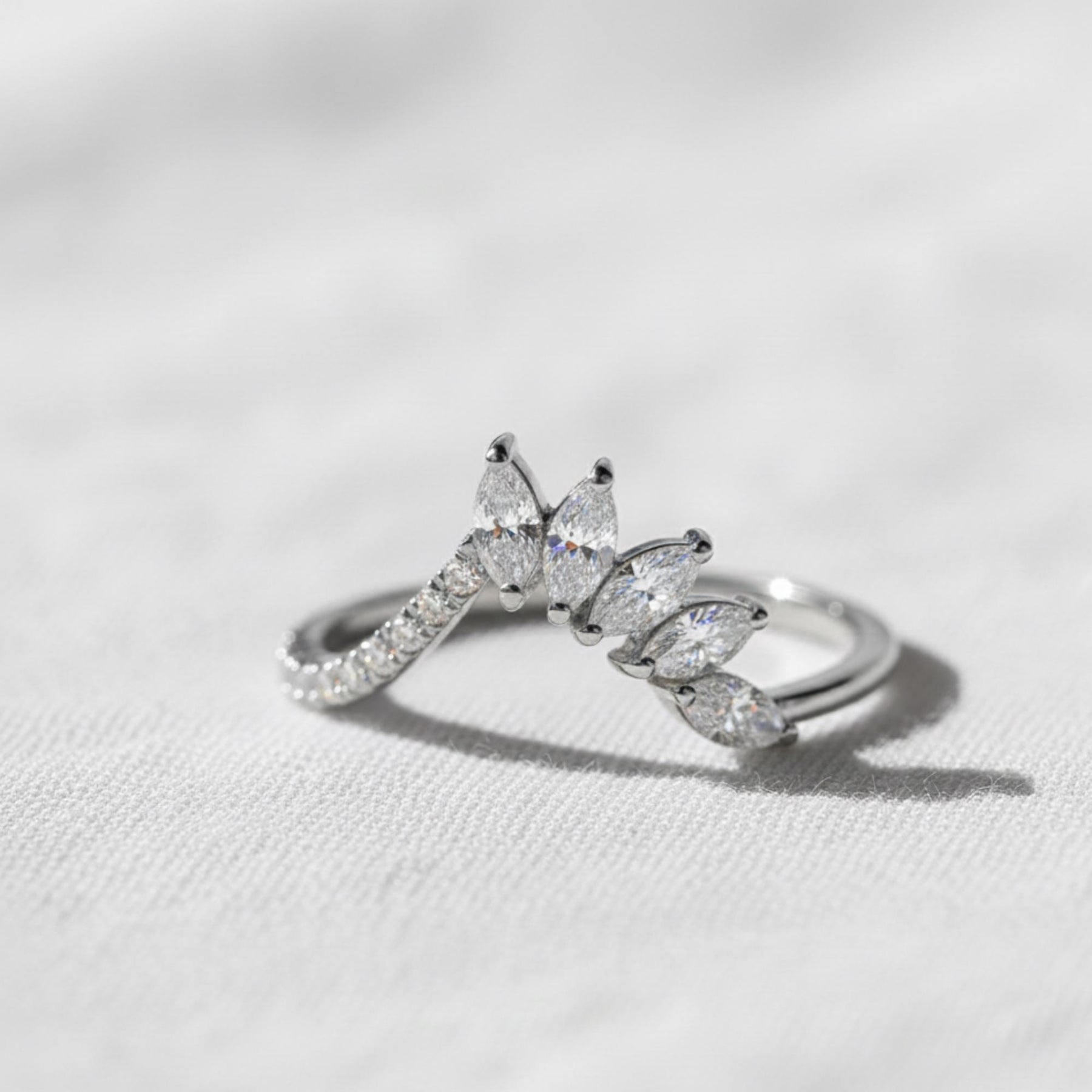 Lab Grown Diamond Tiara Wedding Band: Marquise & Round Cut Chevron Ring