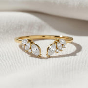 14k Gold Open Wedding Band, Solid Gold Gap Wedding Ring, Womens Cuff Stacking Ring, Lab Created Diamond Ring, Marquise Stackable Ring