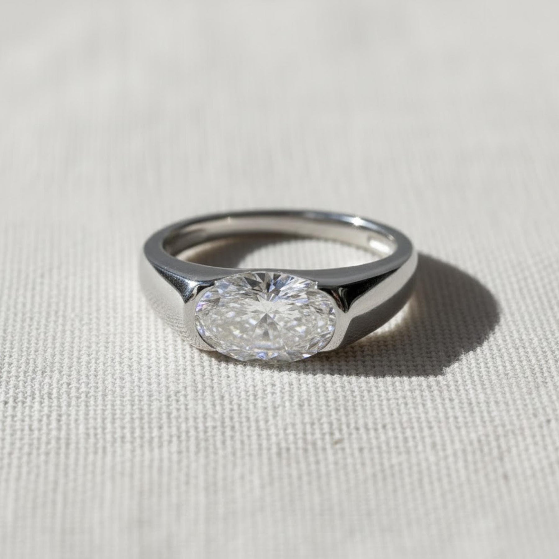 1.5ct Oval Lab Diamond East West Ring | Yellow Gold Bezel Signet Engagement | Chunky Solitaire Bold Wedding Band | IGI Certified