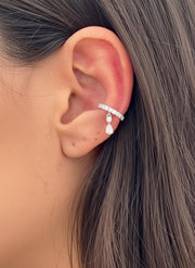 Elegant Cuff Dangle Single Earring with F/VS1 Lab Grown Diamonds, 0.4 Ct F/VS1 Round & Pear Cut, Solid 14K White Gold, Handmade Jewelry