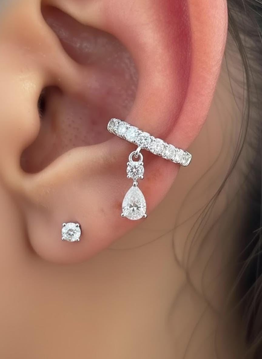 Elegant Cuff Dangle Single Earring with F/VS1 Lab Grown Diamonds, 0.4 Ct F/VS1 Round & Pear Cut, Solid 14K White Gold, Handmade Jewelry