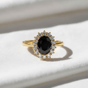Black Onyx Halo Ring Gold, Round Black Stone Ring with Diamond Halo, Vintage Style Engagement Ring