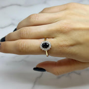 Black Onyx Halo Ring Gold, Round Black Stone Ring with Diamond Halo, Vintage Style Engagement Ring