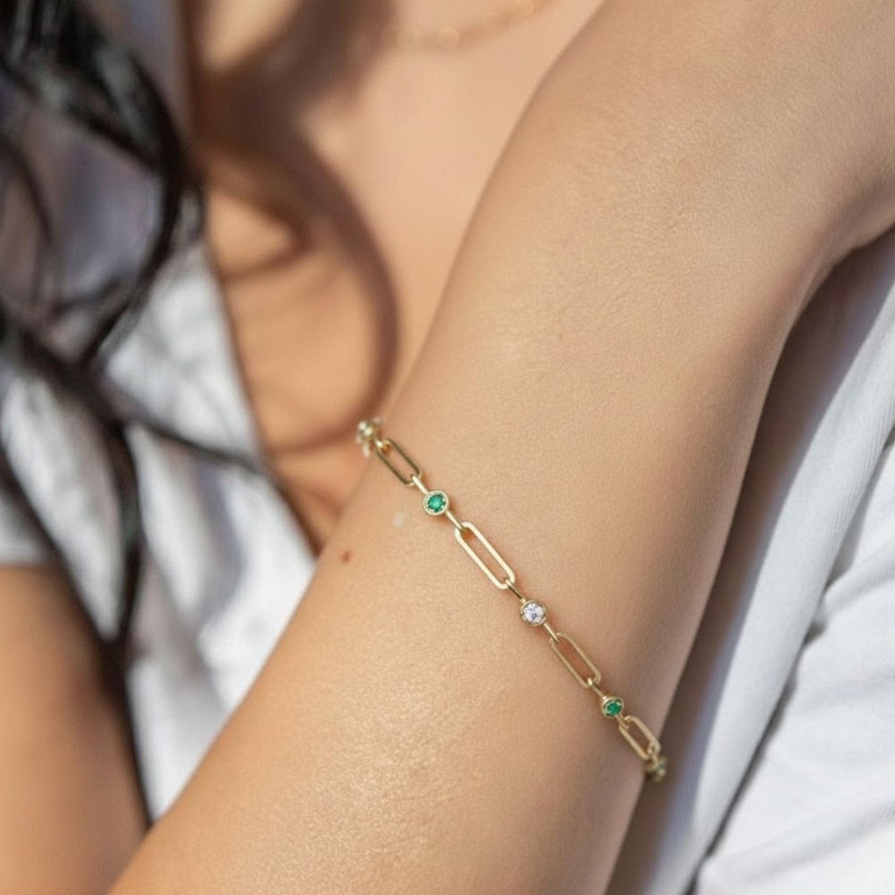 Gold Paperclip Diamond Bracelet, 10K 14k Solid Gold, Elegant Link Bracelet, White Diamond Accents, Paperclip Stacking Bracelet, Lilly