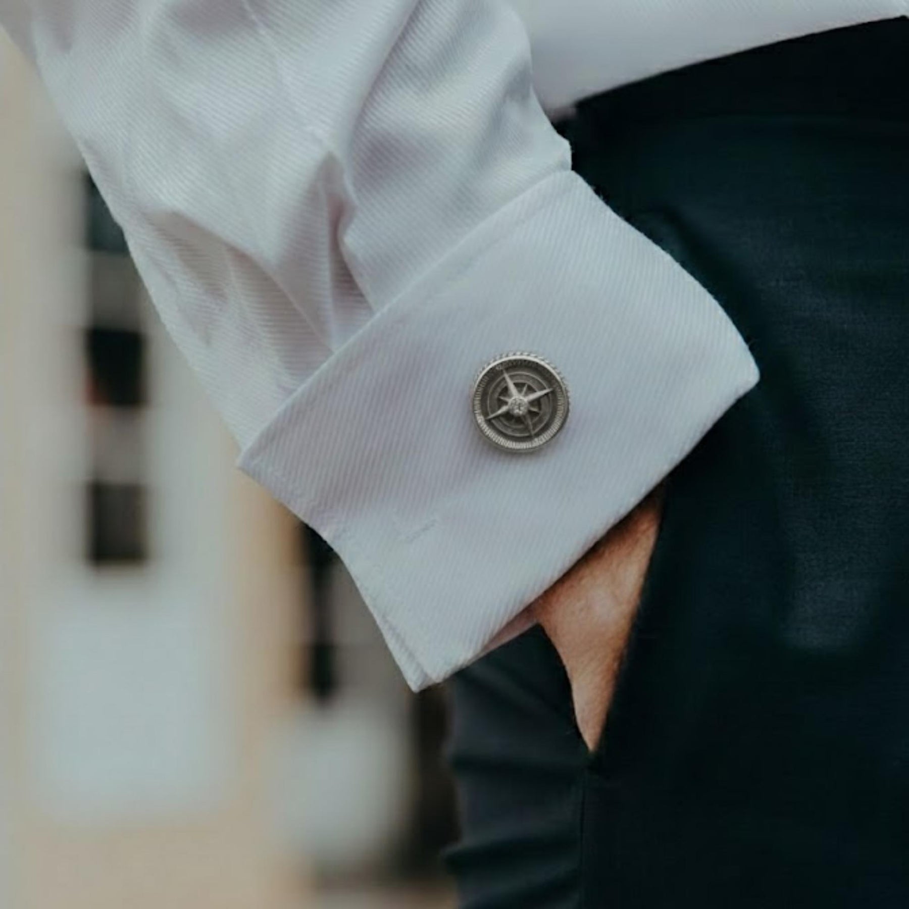 Men's Compass Cufflinks with Lab Grown Diamonds, Round Gold & Silver Cufflinks for Weddings, Formal Wear, Gift for Him