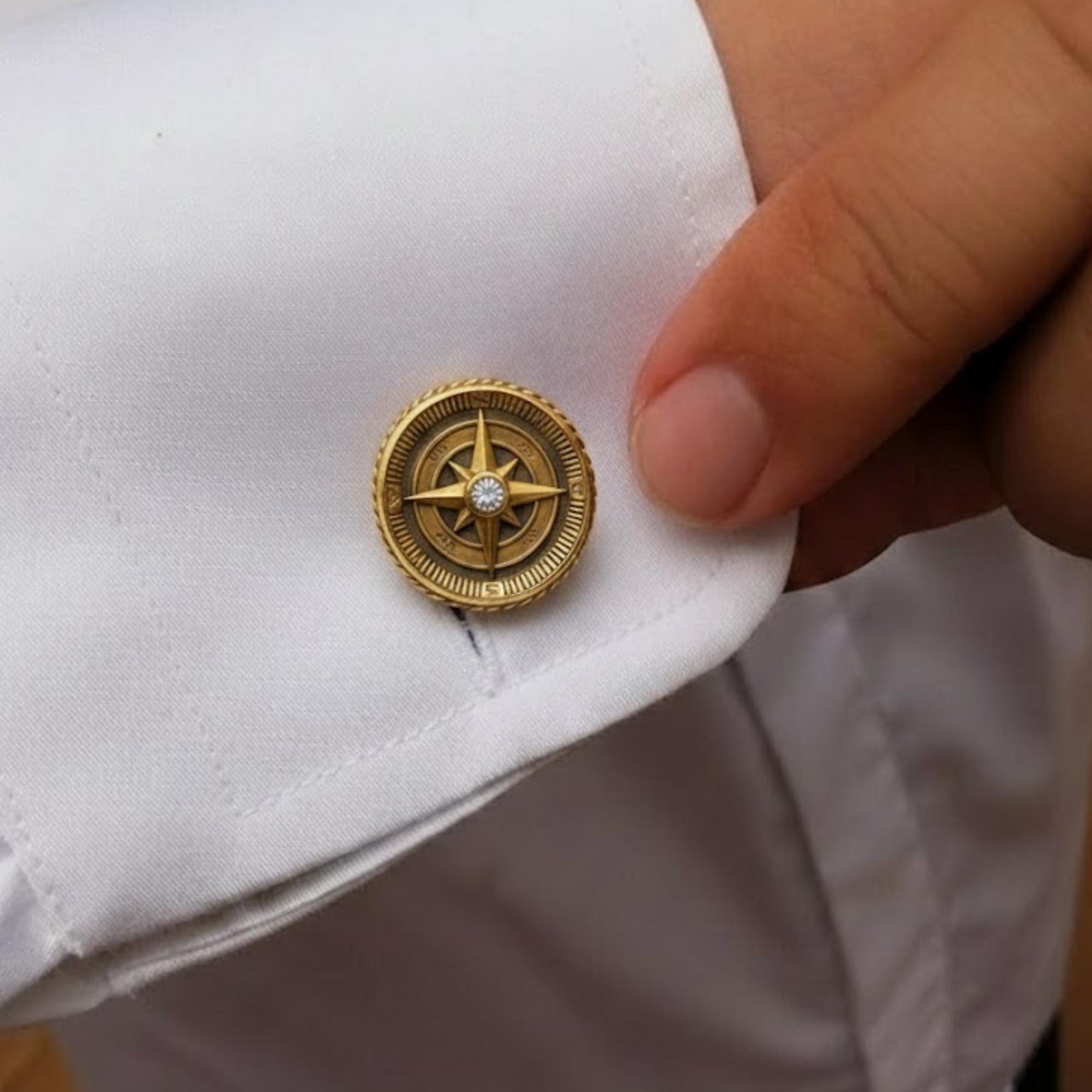 Men's Compass Cufflinks with Lab Grown Diamonds, Round Gold & Silver Cufflinks for Weddings, Formal Wear, Gift for Him