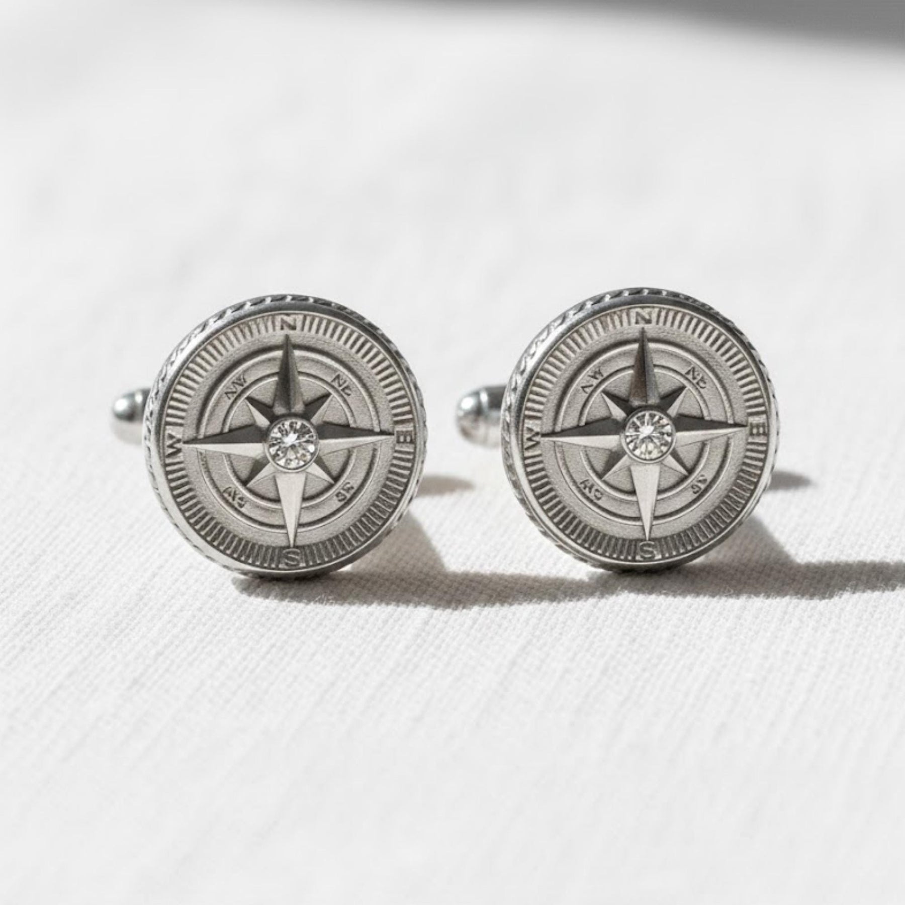 Men's Compass Cufflinks with Lab Grown Diamonds, Round Gold & Silver Cufflinks for Weddings, Formal Wear, Gift for Him
