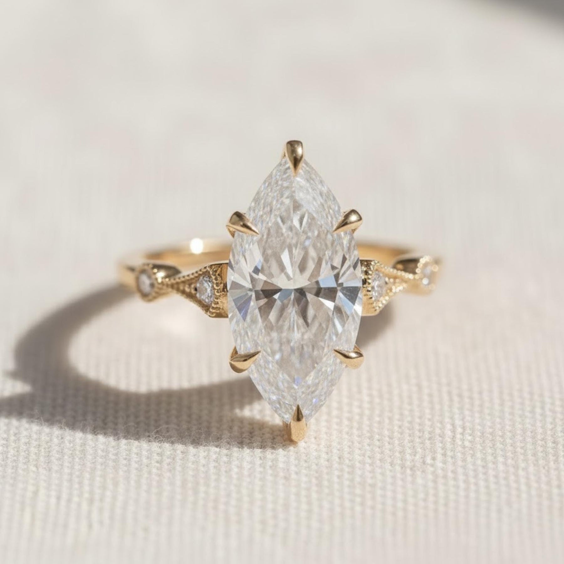 Nature-Inspired 2 Carat Marquise Lab Diamond Engagement Ring, 14K Gold Vintage Hand-Carved Filigree Design, Handmade Promise Ring for Her
