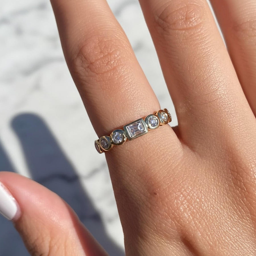 0.38 Carat Round and Emerald Cut Half Eternity Band / Unique Eternity Multi Shape Diamond Ring / 14k Yellow Gold Two Shape Eternity Band