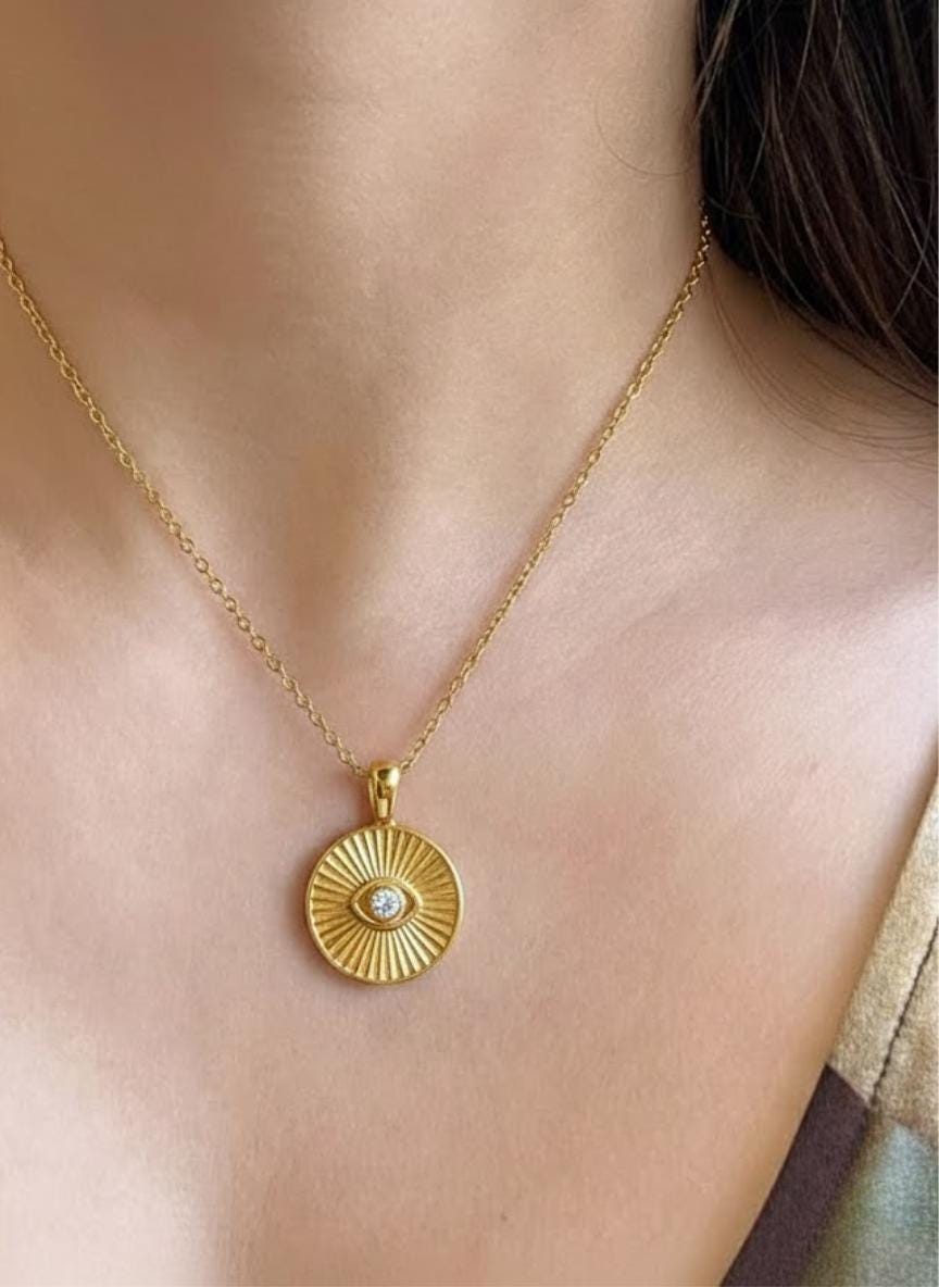 Round Diamond Evil Eye Pendant, Real Diamond 14K 10K Solid Gold Necklace