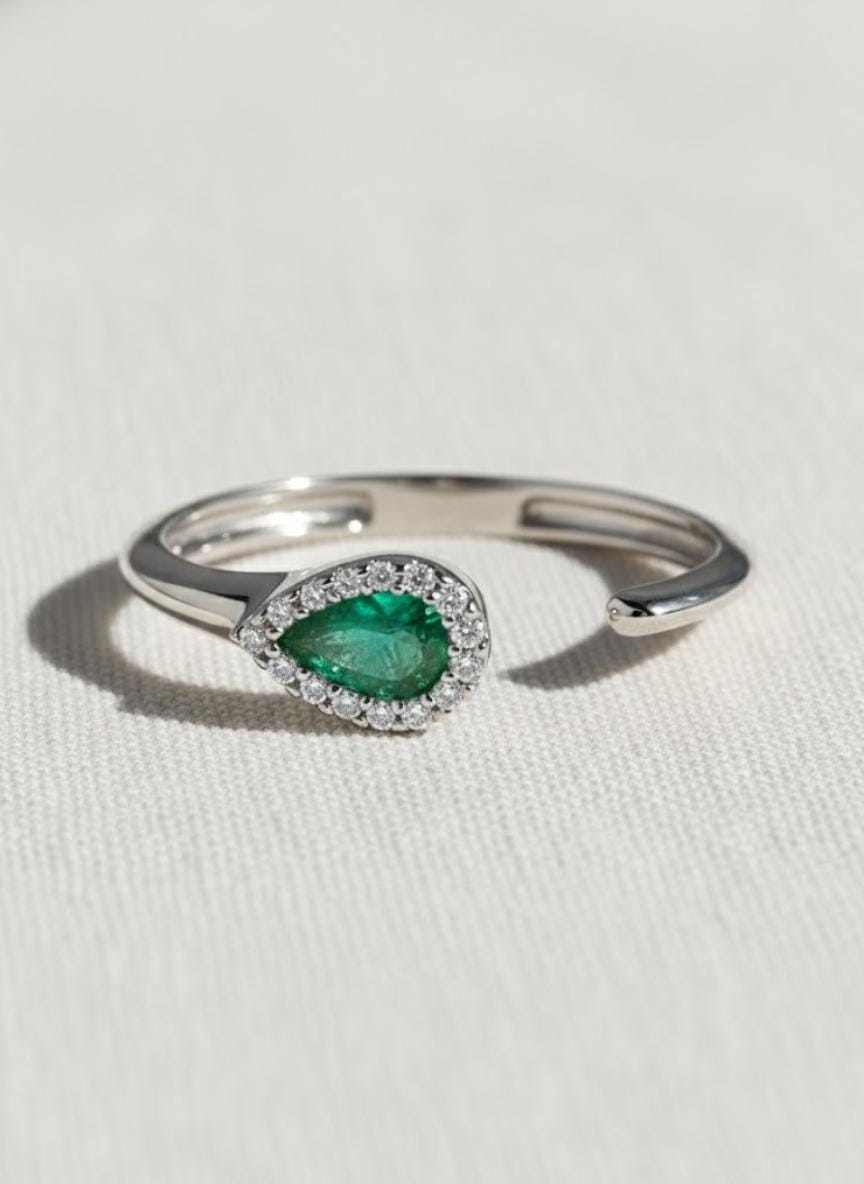 Emerald Diamond Ring / Emerald Cuff Ring / 14k Gold Genuine Emerald Ring / Pear Shape Diamond Ring / Open Design Ring
