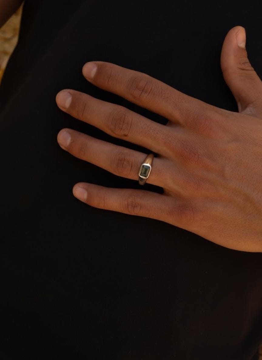 Emerald Cut Yellow Green Peridot Mens Sapphire Mens Wedding Band Diamond Moon Star Inner Engraved Band Anniversary Gift For Him