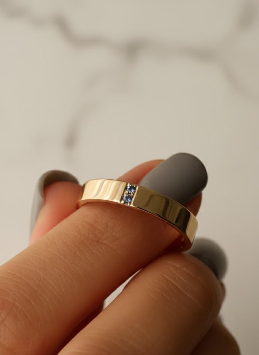 Round Cut Blue Topaz Diamond Wedding Band / Flush Set Two Stone Diamond Band / Conflict Free Diamond Anniversary Band / 14K Solid Gold Band