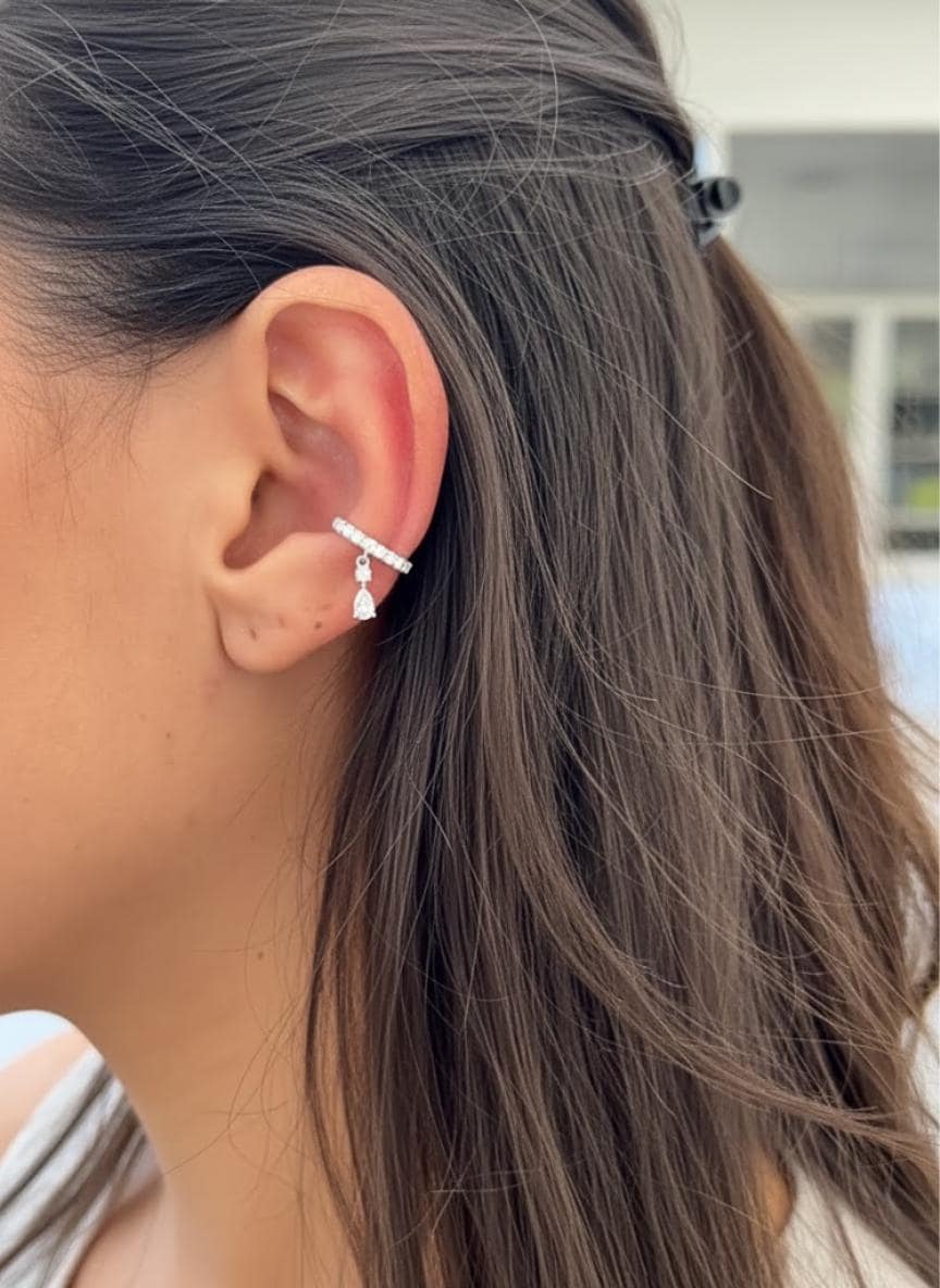 Elegant Cuff Dangle Single Earring with F/VS1 Lab Grown Diamonds, 0.4 Ct F/VS1 Round & Pear Cut, Solid 14K White Gold, Handmade Jewelry