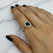 Black Onyx Halo Ring Gold, Round Black Stone Ring with Diamond Halo, Vintage Style Engagement Ring