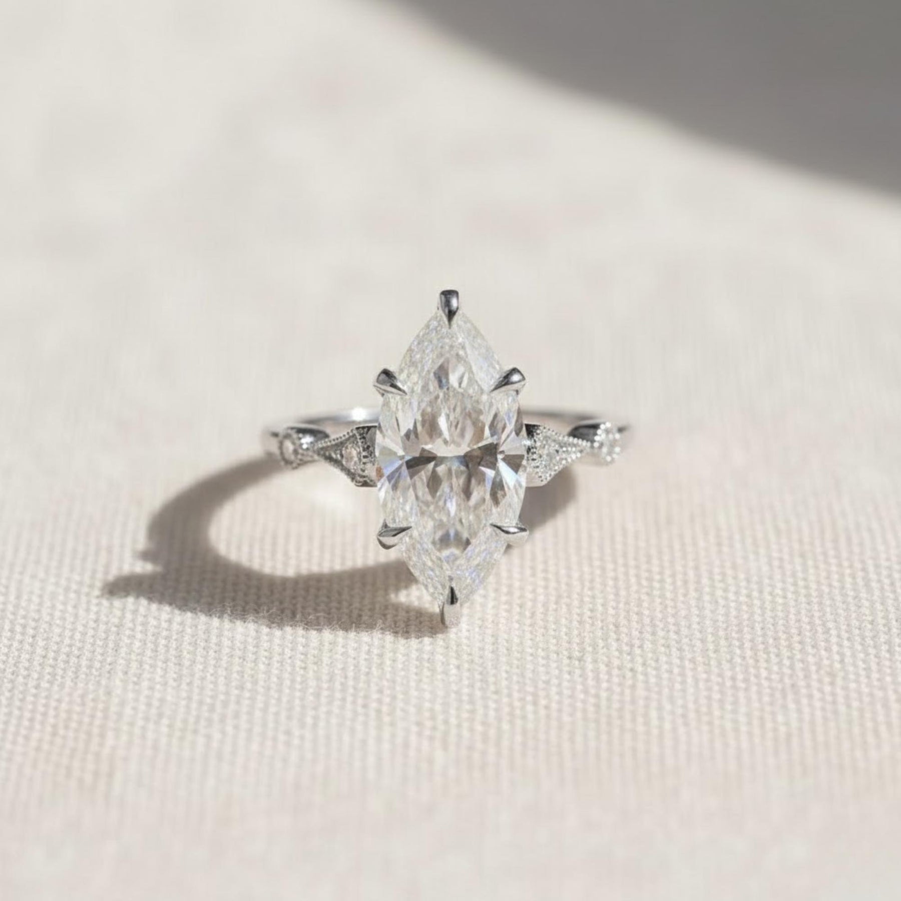 Nature-Inspired 2 Carat Marquise Lab Diamond Engagement Ring, 14K Gold Vintage Hand-Carved Filigree Design, Handmade Promise Ring for Her