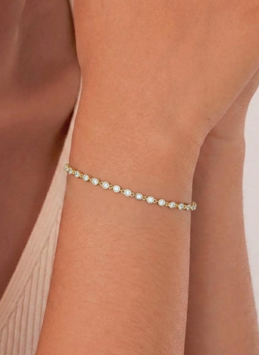 14k Gold Diamond Tennis Bracelet, Bezel Set Layering Bracelet
