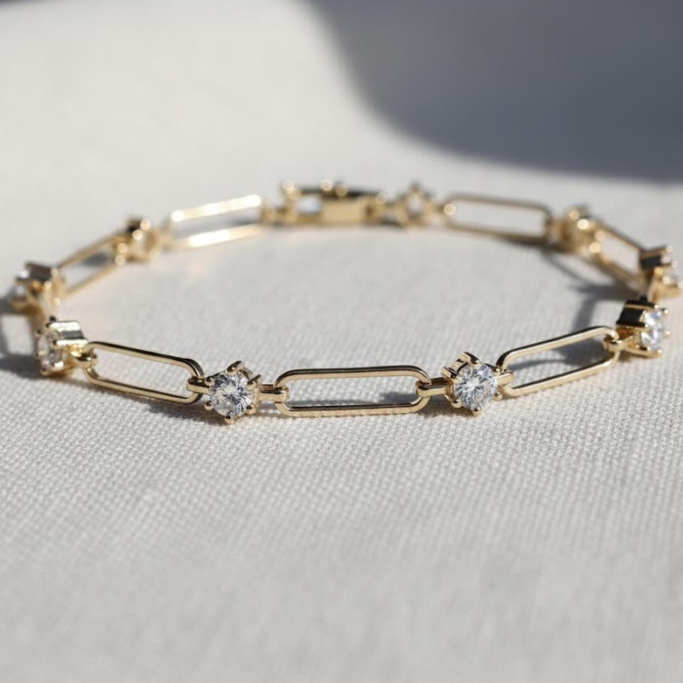 Paperclip Diamond Station Bracelet, Gold Chain Link Bracelet, Lab Diamond Accents, Minimalist Design, Subtle Elegance, Selene