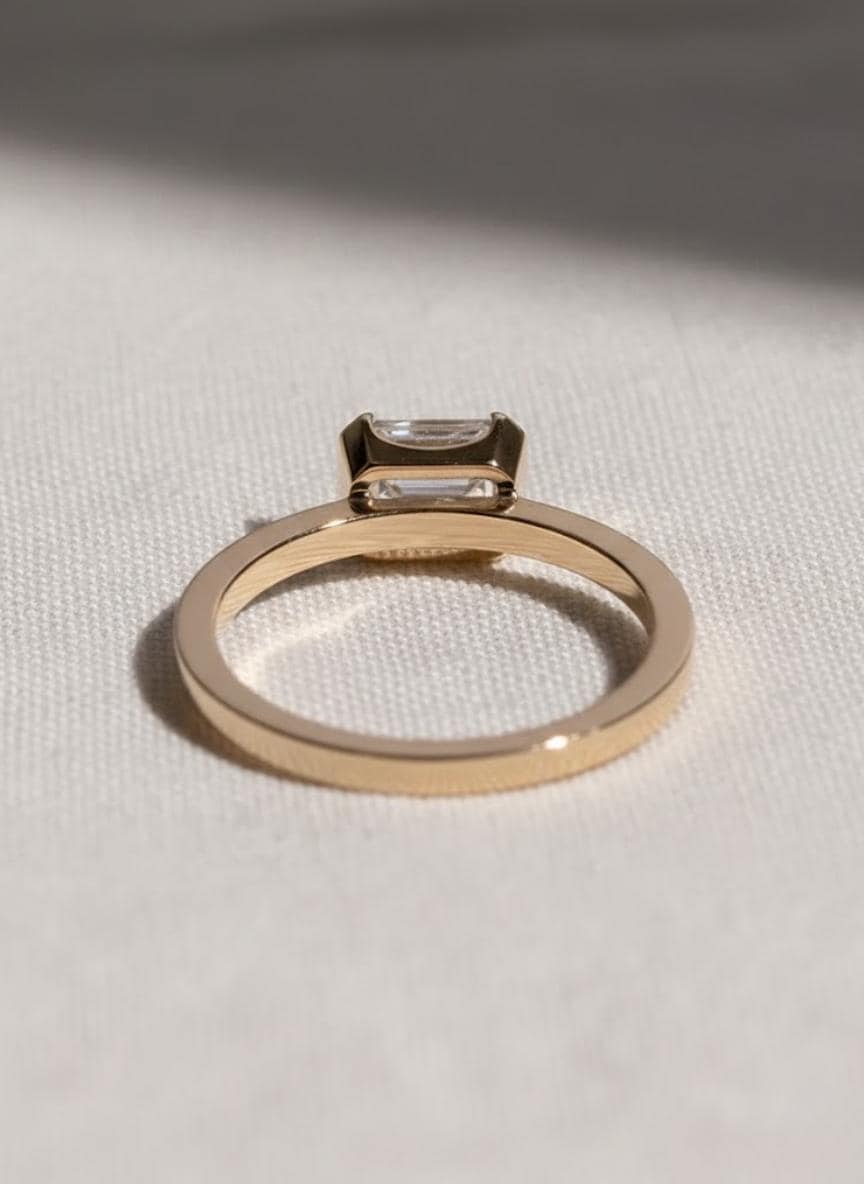 2 Carat Emerald Cut Lab Grown Diamond Engagement Ring | 14K Gold Half Bezel | IGI Certified