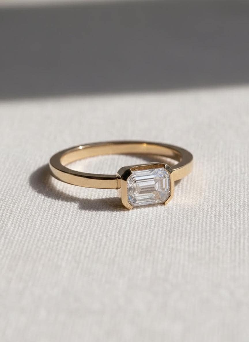 2 Carat Emerald Cut Lab Grown Diamond Engagement Ring | 14K Gold Half Bezel | IGI Certified