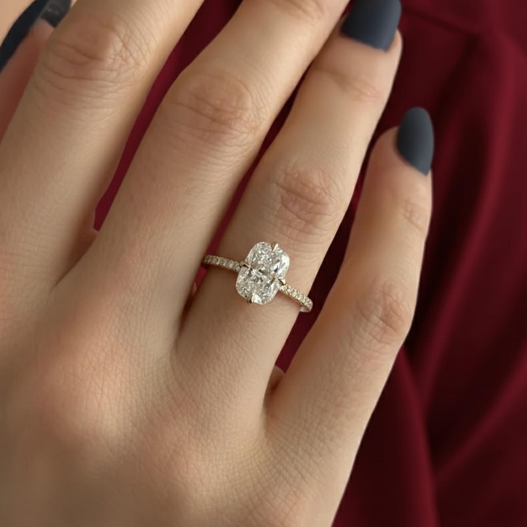 2 Carat Elongated Cushion Lab Grown Diamond Compass Set Engagement Ring / 14k Yellow Gold Dainty Pave Engagement Ring / Flush Fit Ring