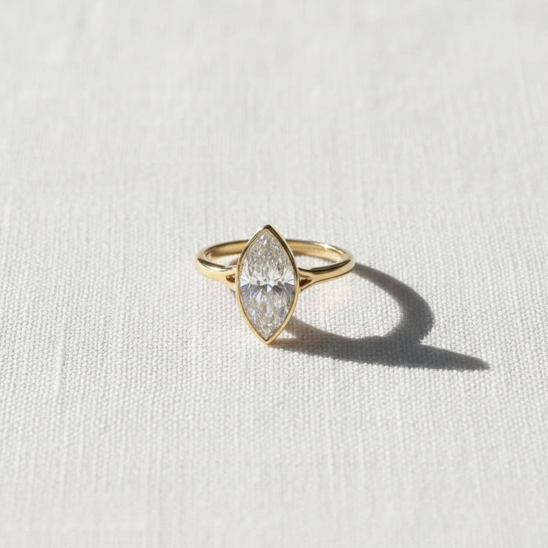2 Carat Marquise Lab Created Diamond Bezel Set Ring / Split Shank Engagement Ring / 14k Gold Cathedral Solitaire Ring / F VS1 IGI Certified